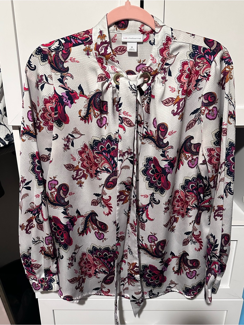 Liz Claiborne Paisley Floral Tie Neck Blouse Long Sleeve Size M